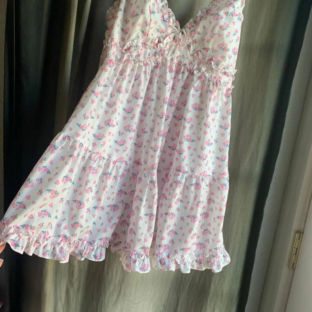 NWT Tiger Mist Claudette Pink Floral Ruffle Mini Dress Sz L Coquette Soft Girl - Picture 15 of 16